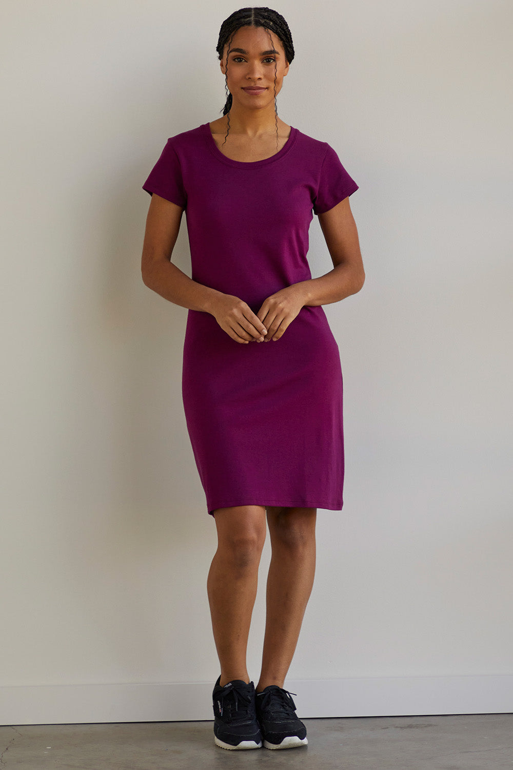 womens organic cotton scoop neck t-shirt dress - boysenberry purple - fair indigo fair trade ethically made