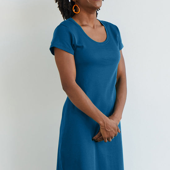 womens pima cotton t-shirt dress - peacock blue - fair indigo fair trade ethically made