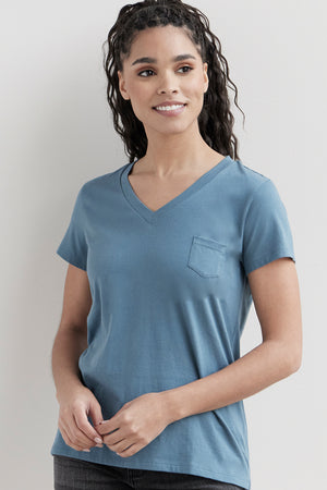 womens organic cotton relaxed pocket v neck tee - horizon light blue - fair trade ethically made