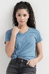 womens organic relaxed pocket v neck tee - horizon light blue - fair trade ethically made