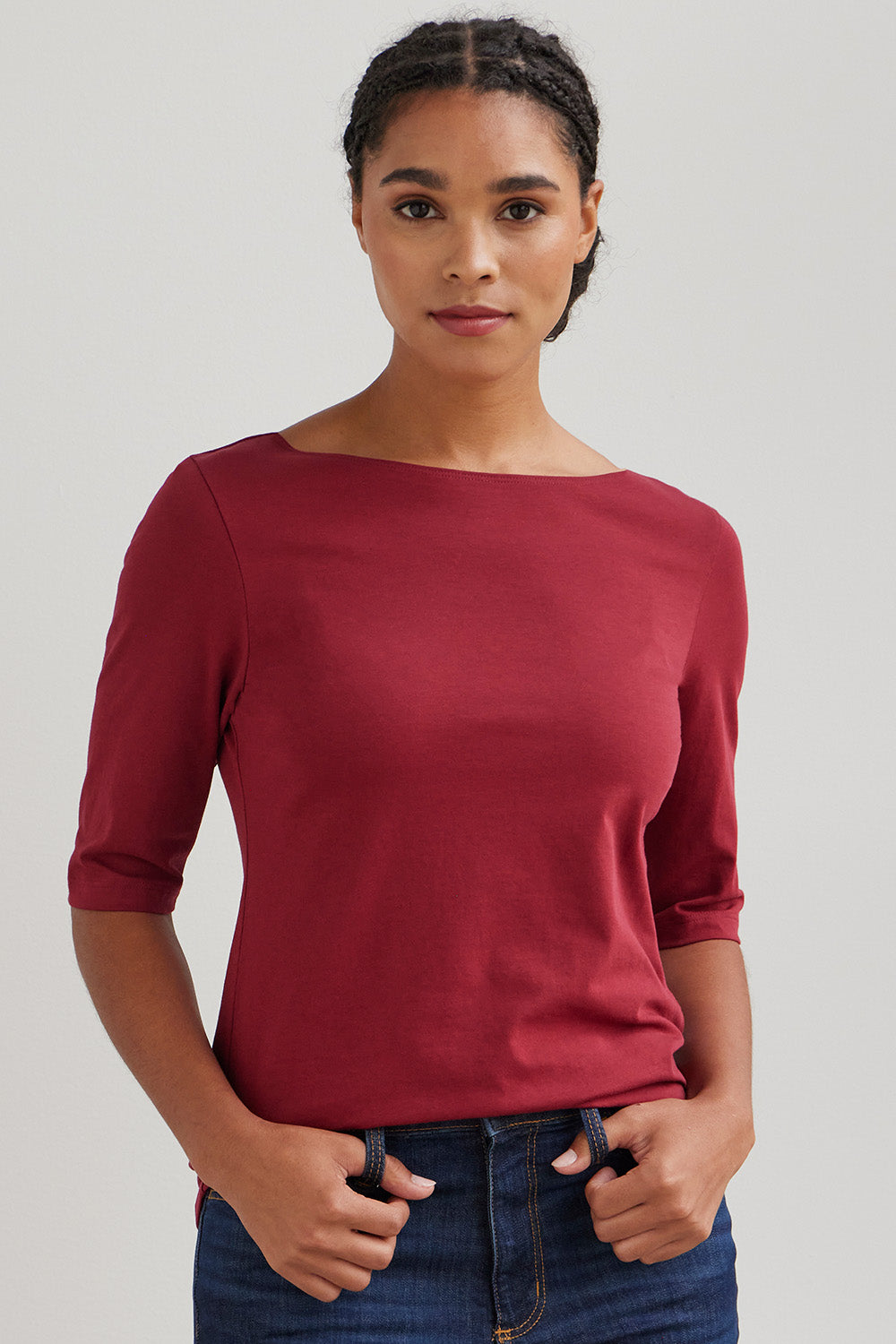 womens organic boat neck t-shirt- bonfire red - fair trade ethically made
