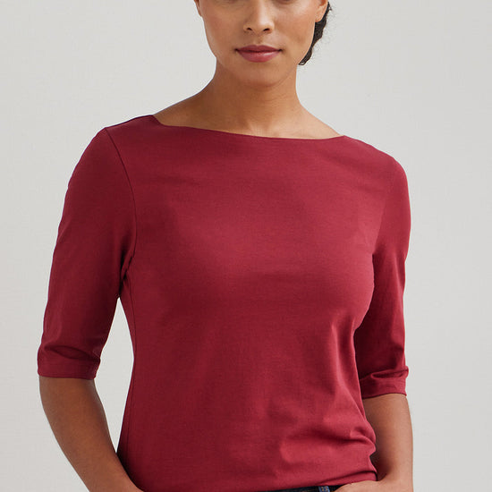 womens organic boat neck t-shirt - bonfire red - fair indigo fair trade ethically made