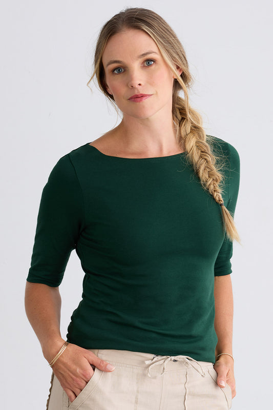 Women's Organic Cotton Elbow Sleeve Boat Neck Top
