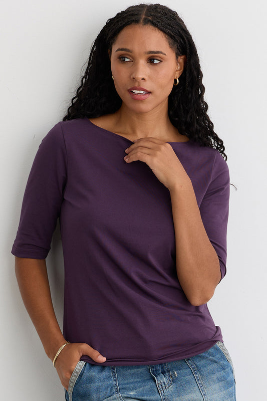 Women's Organic Cotton Elbow Sleeve Boat Neck Top