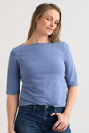 womens organic elbow sleeve boat neck tee- forever blue - fair trade ethically made