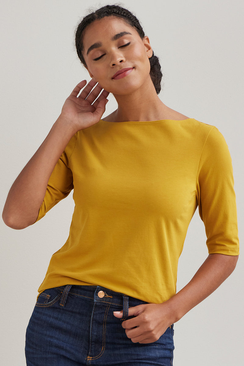 womens organic boat neck tee- mustard yellow - fair trade ethically made