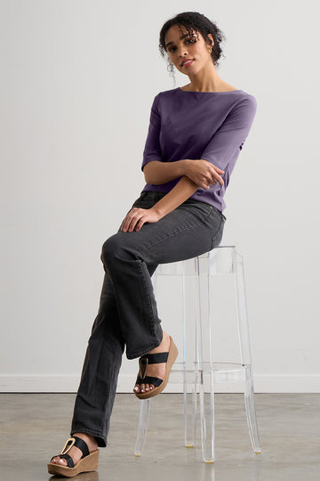 Women's Organic Cotton Elbow Sleeve Boat Neck Top