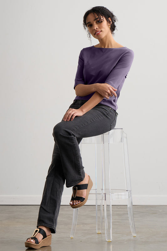 Women's Organic Cotton Elbow Sleeve Boat Neck Top