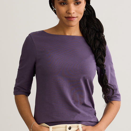 womens organic half sleeve boat neck tee- purple twilight lilac - fair trade ethically made