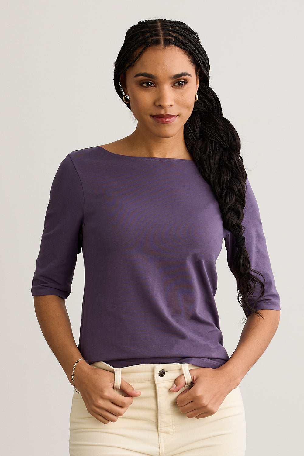 womens organic half sleeve boat neck tee- purple twilight lilac - fair trade ethically made