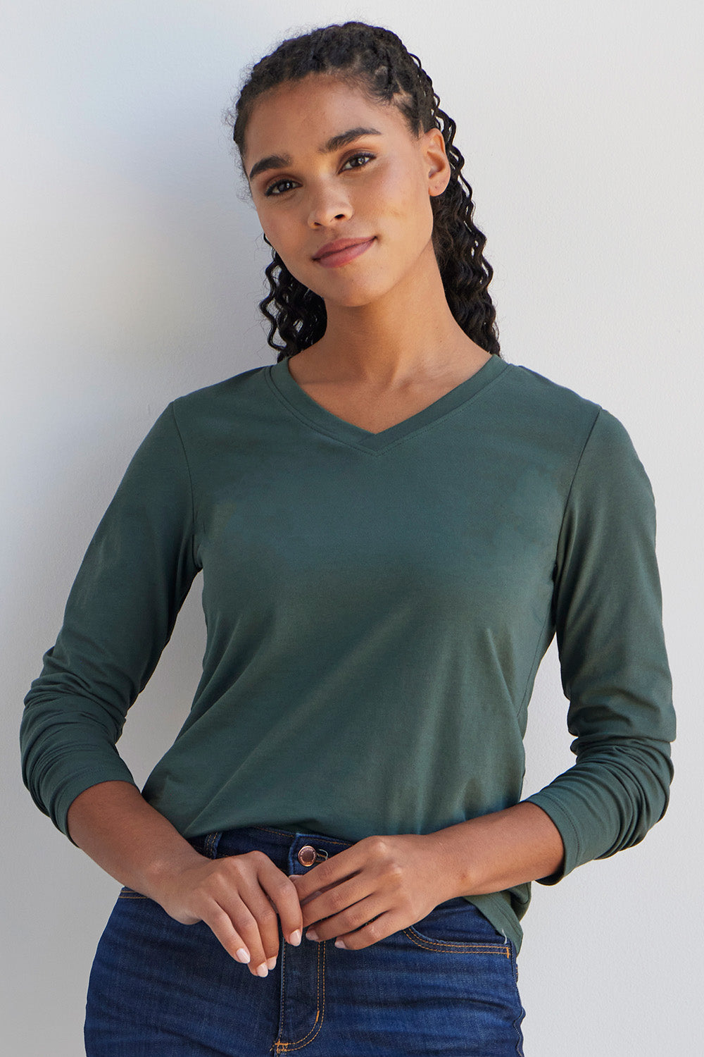 womens organic cotton long sleeve v-neck t-shirt - balsam green - fair indigo fair trade ethically made