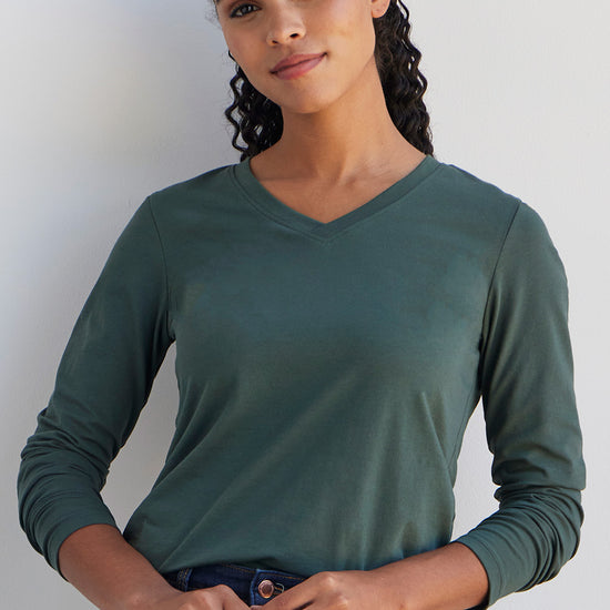 womens organic cotton long sleeve v-neck tee - balsam green - fair indigo fair trade ethically made