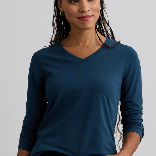 Women's Organic Cotton Long Sleeve V-Neck T-Shirt - Dark Ocean