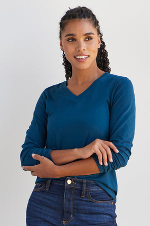 womens organic long sleeve v-neck t-shirt - peacock blue - fair indigo fair trade ethically made