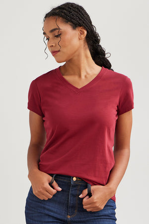 womens organic v-neck t-shirt - bonfire red - fair indigo fair trade ethically made