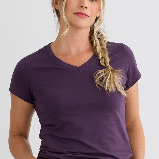 Women's Organic Cotton V-neck T-shirt | Eggplant Purple | Fair Indigo | Ethically Made Clothing | Fair Trade Clothes