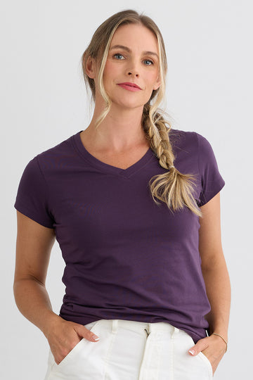 Women's Organic Cotton V-neck T-shirt | Eggplant Purple | Fair Indigo | Ethically Made Clothing | Fair Trade Clothes