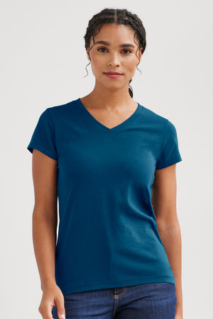womens organic cotton v-neck t-shirt - peacock blue - fair indigo fair trade ethically made
