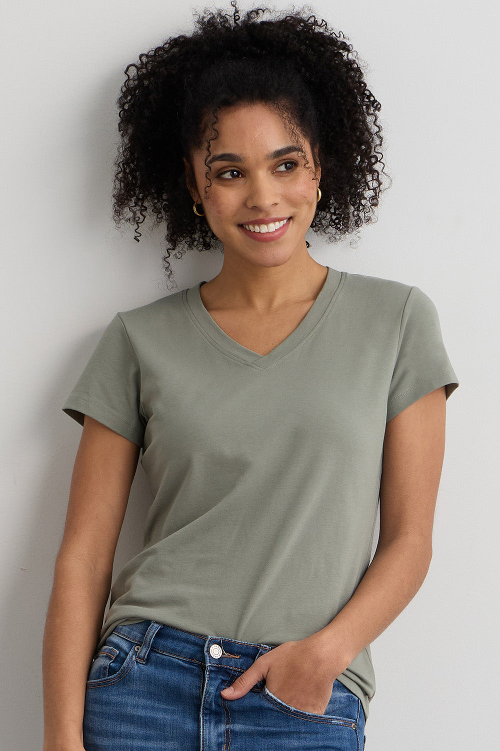 womens organic cotton v-neck t-shirt - sage green - fair indigo fair trade ethically made