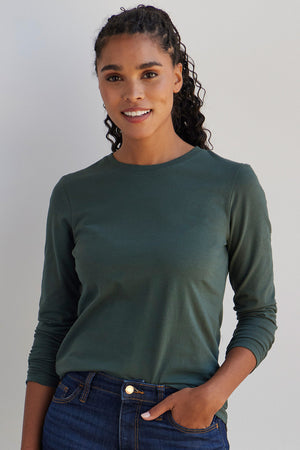 womens organic long sleeve crew neck tee - balsam green - fair indigo fair trade sustainable