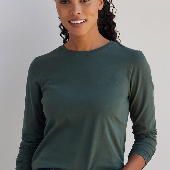womens organic long sleeve crew neck tee - balsam green - fair indigo fair trade sustainable
