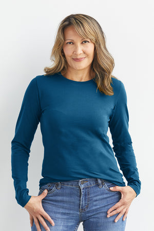 womens organic cotton long sleeve crew neck tee - peacock blue - fair indigo fair trade ethically made