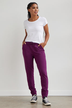 womens organic sweat pants - plum purple - fair indigo fair trade ethically made