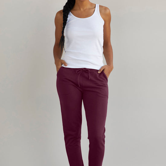 womens organic sweat pants - wine burgundy - fair indigo fair trade ethically made