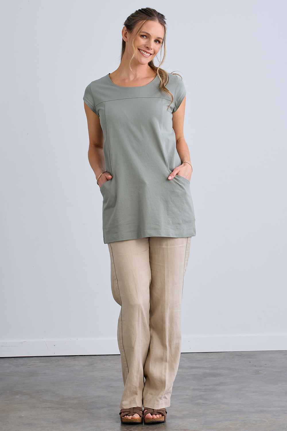Cotton Tunic Tee with Pockets | Organic Cotton - Fair Indigo, Size S / Sage Cotton Tunic Tee with Pockets | Organic Cotton - Fair Indigo, Size S / Sage