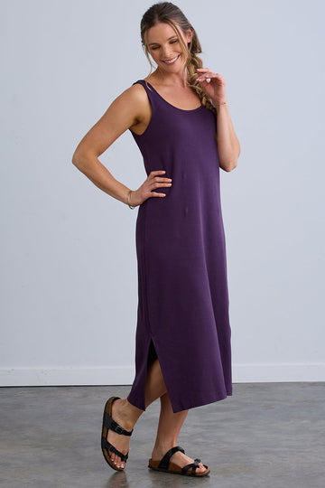 womens 100% organic cotton sleeveless tank dress - eggplant purple - fair indigo fair trade ethically made