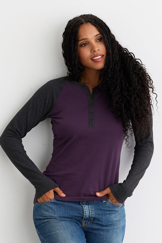 Women's Organic Cotton Raglan Sleeve Henley | Purple Grey | Fair Indigo | Ethically Made Clothing | Fair Trade Clothes