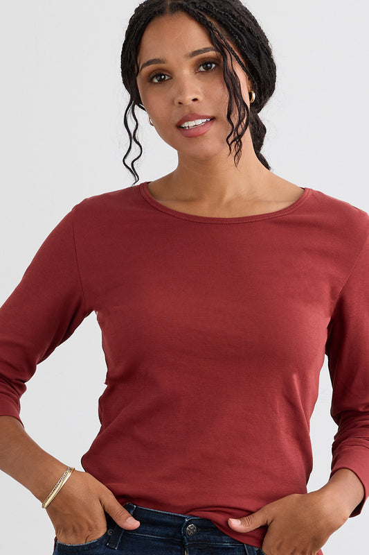 Women's Luxe 100% Organic Cotton Jewel Neck Long Sleeve Tee | Auburn | Fair Indigo | Ethically Made Clothing | Fair Trade Clothes