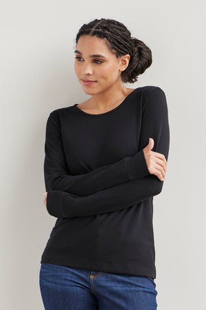 womens 100% organic cotton luxe long sleeve tee - black - fair indigo fair trade ethically made