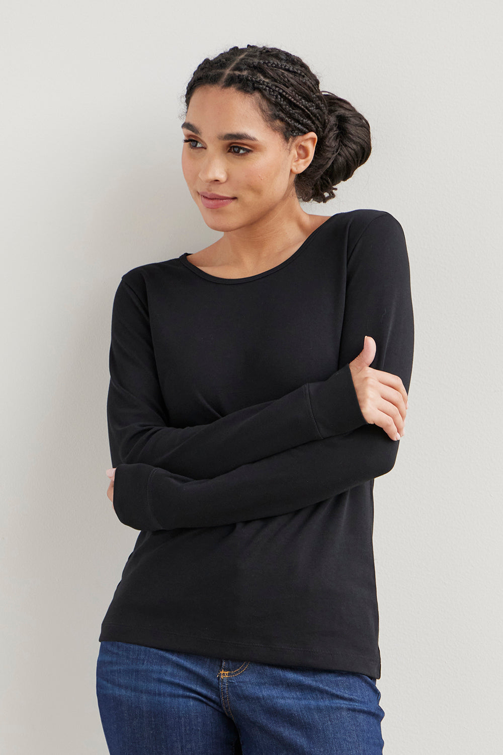 womens organic all-cotton interlock long sleeve tee - black - fair indigo fair trade ethically made