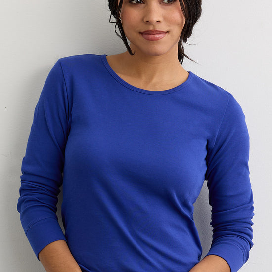 womens 100% organic cotton luxe long sleeve tee - cobalt blue - fair indigo fair trade ethically made