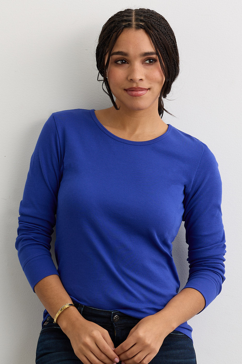 womens 100% organic cotton luxe long sleeve tee - cobalt blue - fair indigo fair trade ethically made