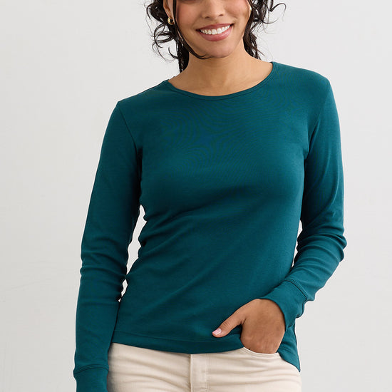 womens 100% organic cotton luxe long sleeve tee - deep teal green - fair indigo fair trade ethically made
