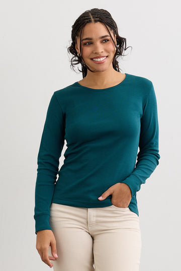 womens 100% organic cotton luxe long sleeve tee - deep teal green - fair indigo fair trade ethically made