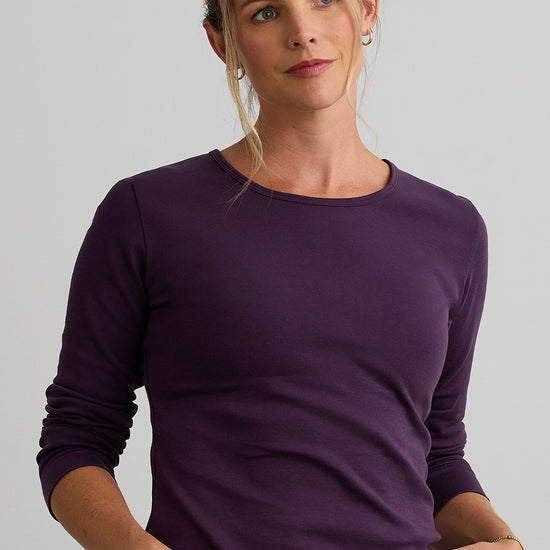 womens organic all-cotton interlock long sleeve tee - eggplant purple - fair indigo fair trade ethically made