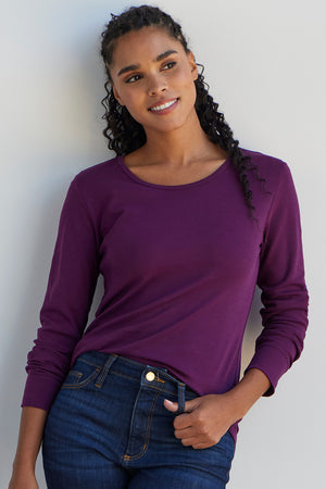 womens organic 100% cotton luxe long sleeve t-shirt - plum purple - fair indigo fair trade ethically made