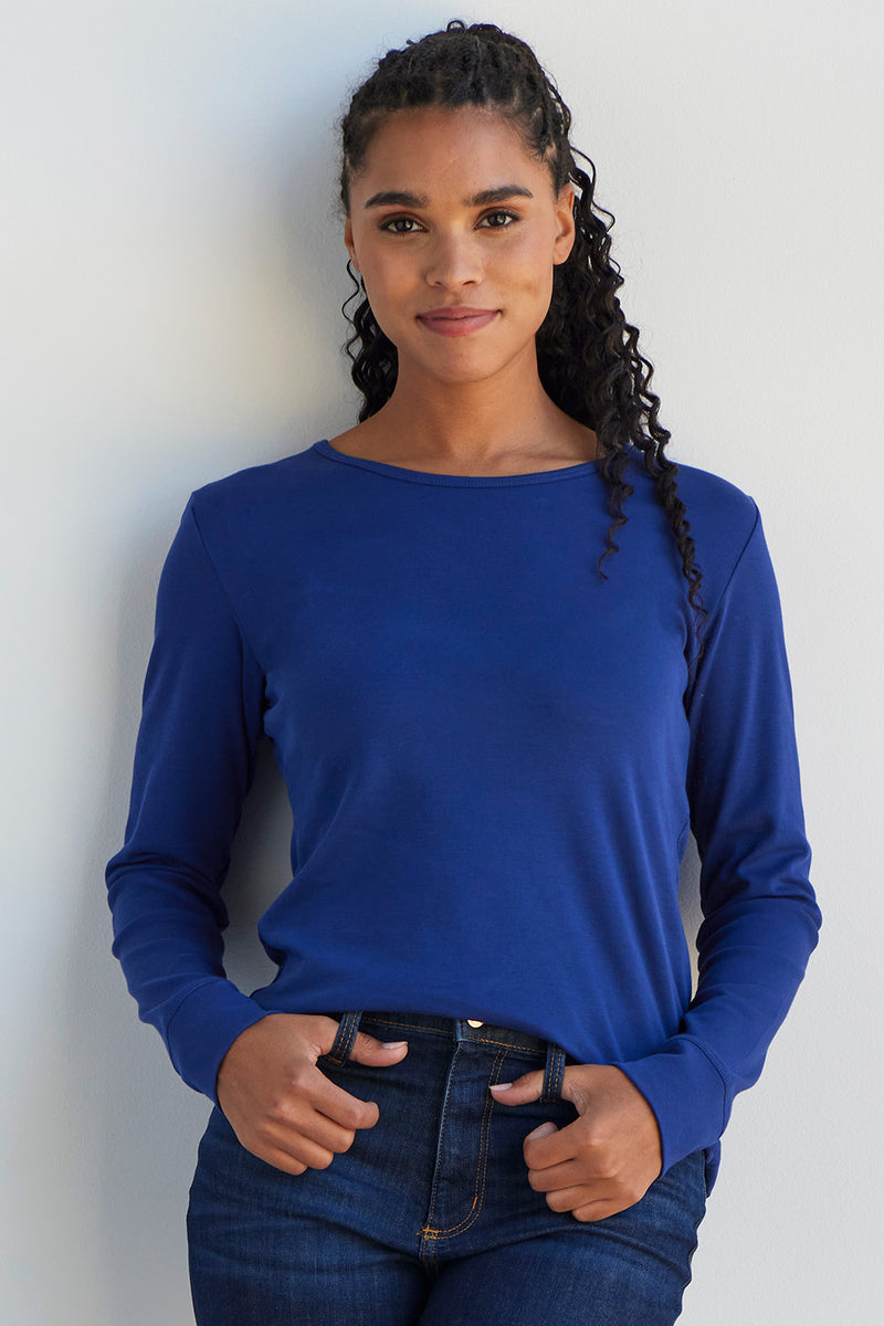 womens organic 100% cotton luxe long sleeve t-shirt - royal blue - fair indigo fair trade ethically made