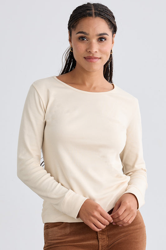 womens organic 100% cotton luxe long sleeve t-shirt - undyed natural beige - fair indigo fair trade ethically made