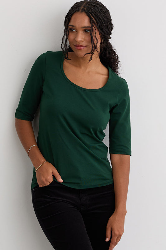 Women's Organic Cotton Elbow Sleeve Wide Scoop Neck Tee