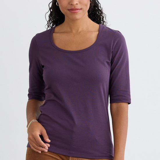 Women's Organic Cotton Elbow Sleeve Wide Scoop Neck Tee - Eggplant