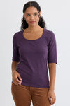 Women's Organic Cotton Elbow Sleeve Wide Scoop Neck Tee - Eggplant