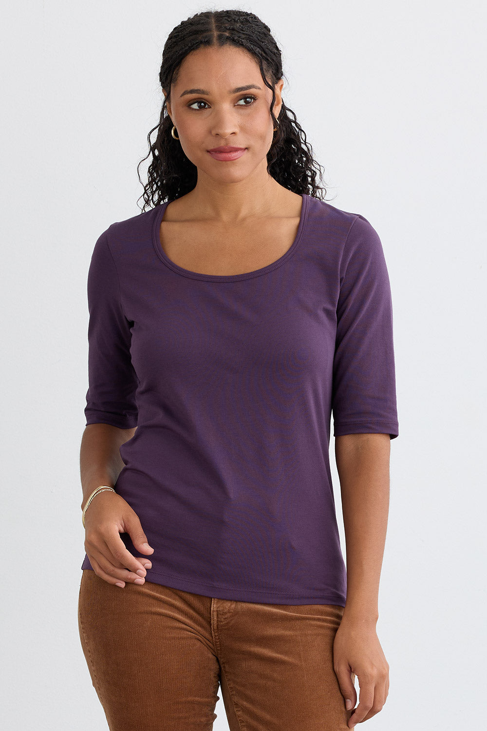 Women's Organic Cotton Elbow Sleeve Wide Scoop Neck Tee - Eggplant