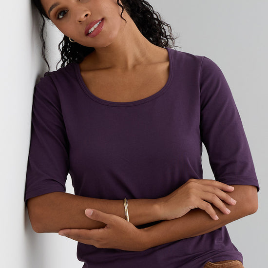 Women's Organic Cotton Elbow Sleeve Wide Scoop Neck Tee - Eggplant