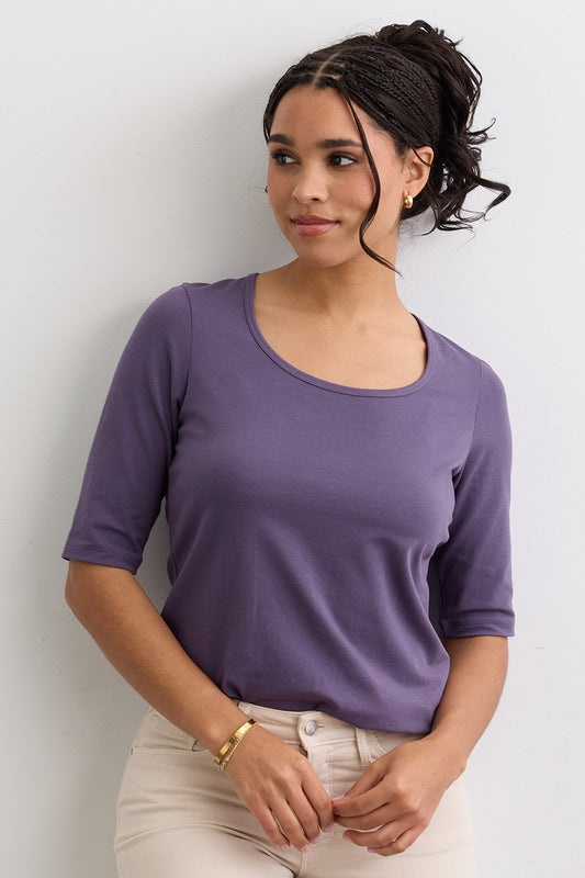 Women's Organic Cotton Elbow Sleeve Wide Scoop Neck Tee