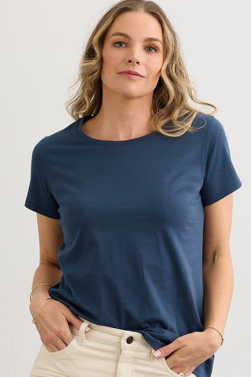 womens organic all cotton crew neck tee- indigo blue - fair trade ethically made