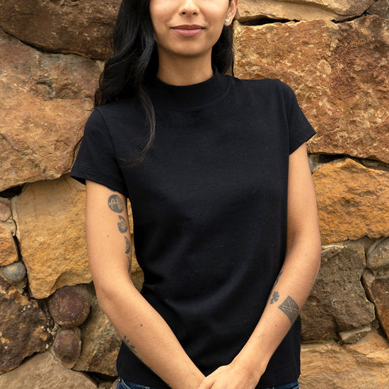 womens organic cotton slim mock neck tee - black - fair indigo fair trade ethically made